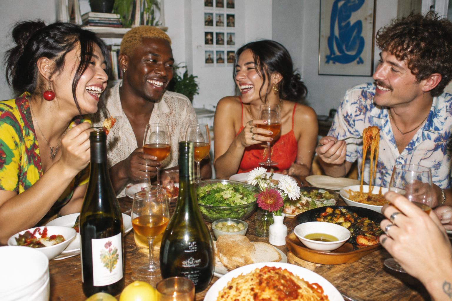 Group of friends laughing over dinner